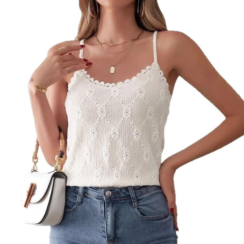 2025-ös nyári európai és amerikai Amazon Temu új, kerek nyakú, egyszínű kötött csipkés trikó