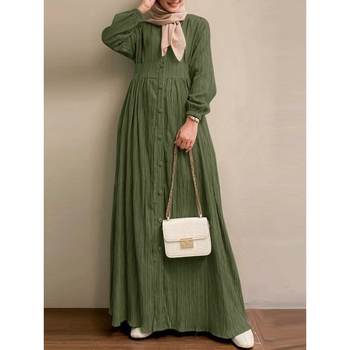 Muszlim Női Retró Hosszú Ujjú Egyszínű Hosszú Ruha Tavaszi és Őszi Elegáns Hétköznapi Mellény Ruha Női Hosszú Köntös