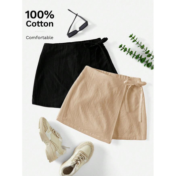 Amazon Cross-Border 2025 nyári új, tiszta színű, aszimmetrikus szegélyű, lezser, masnis női vászonszoknya