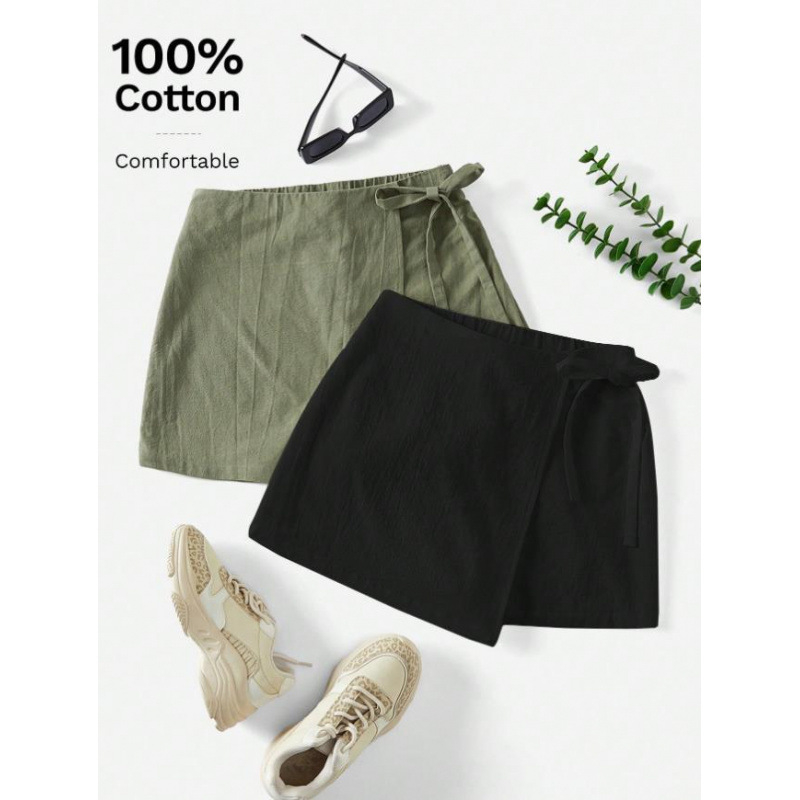 Amazon Cross-Border 2025 nyári új, tiszta színű, aszimmetrikus szegélyű, lezser, masnis női vászonszoknya