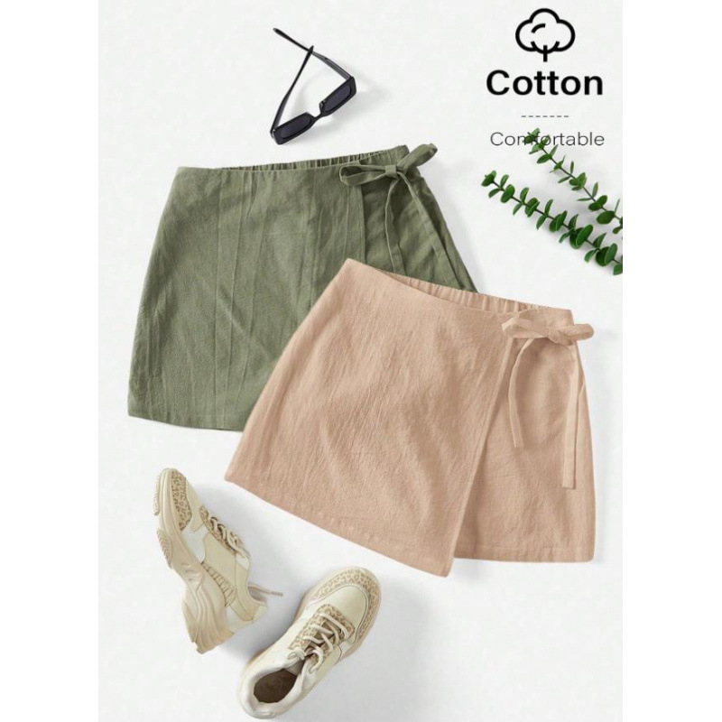 Amazon Cross-Border 2025 nyári új, tiszta színű, aszimmetrikus szegélyű, lezser, masnis női vászonszoknya