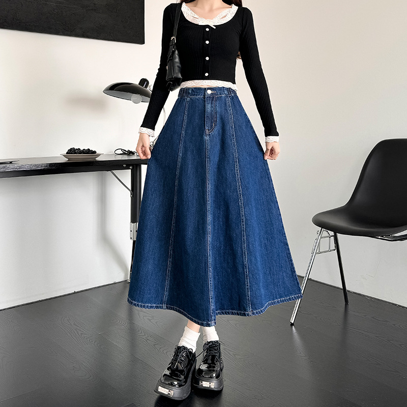 2024 őszi új érkezésű farmerszoknya női koreai stílusú, magas derekú, bő, bő, bő derekú, rakott, A-vonalú, nagy lenge, középhosszú szoknya