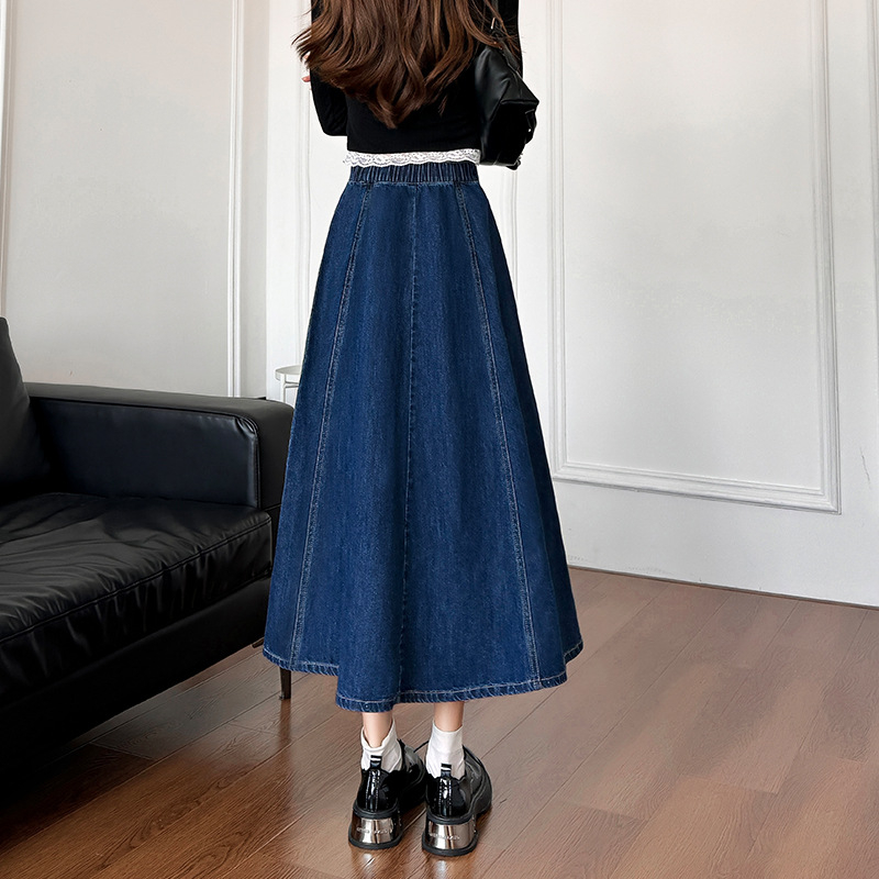 2024 őszi új érkezésű farmerszoknya női koreai stílusú, magas derekú, bő, bő, bő derekú, rakott, A-vonalú, nagy lenge, középhosszú szoknya