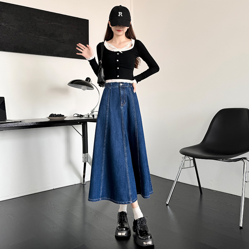 2024 őszi új érkezésű farmerszoknya női koreai stílusú, magas derekú, bő, bő, bő derekú, rakott, A-vonalú, nagy lenge, középhosszú szoknya