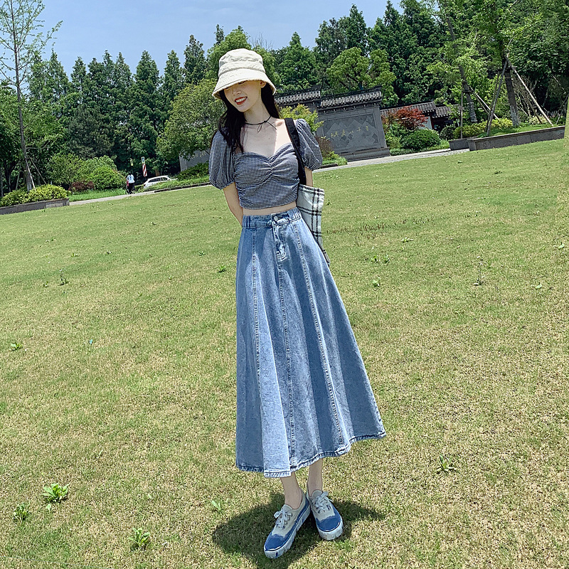 2024 őszi új érkezésű farmerszoknya női koreai stílusú, magas derekú, bő, bő, bő derekú, rakott, A-vonalú, nagy lenge, középhosszú szoknya