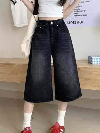 plus size amerikai stílusú retró rövidített, bő szárú, farmer magas derekú rövidnadrág, nyári egyenes, fekete, karcsúsított, kopott, bő nadrág