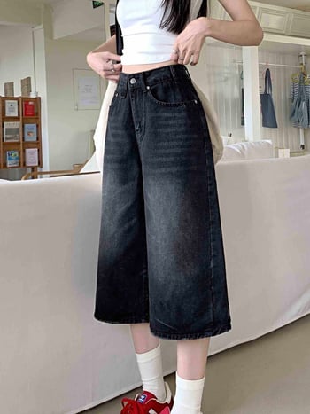 plus size amerikai stílusú retró rövidített, bő szárú, farmer magas derekú rövidnadrág, nyári egyenes, fekete, karcsúsított, kopott, bő nadrág