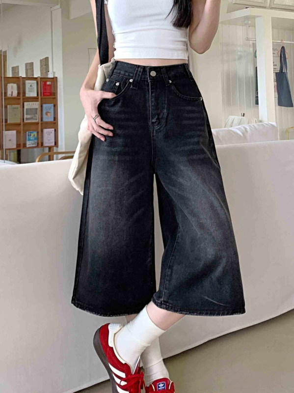 plus size amerikai stílusú retró rövidített, bő szárú, farmer magas derekú rövidnadrág, nyári egyenes, fekete, karcsúsított, kopott, bő nadrág