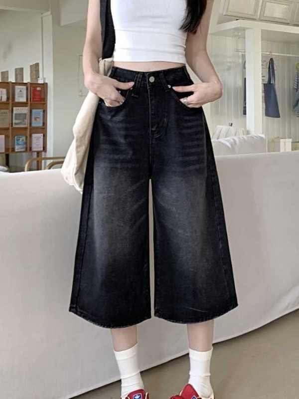 plus size amerikai stílusú retró rövidített, bő szárú, farmer magas derekú rövidnadrág, nyári egyenes, fekete, karcsúsított, kopott, bő nadrág