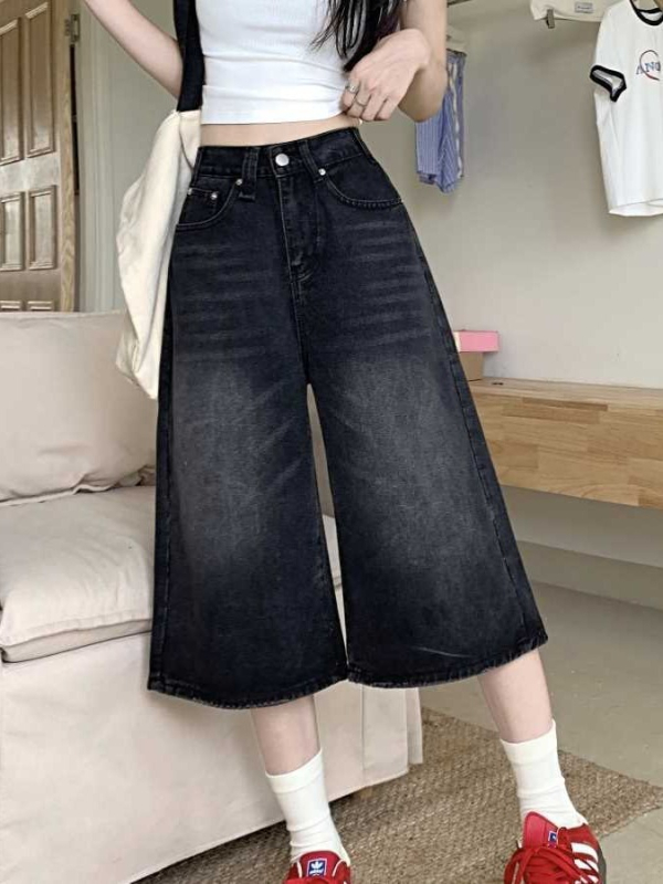 plus size amerikai stílusú retró rövidített, bő szárú, farmer magas derekú rövidnadrág, nyári egyenes, fekete, karcsúsított, kopott, bő nadrág