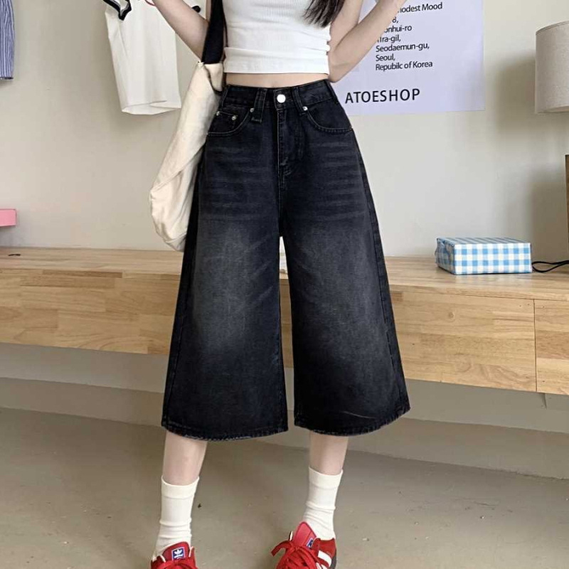 plus size amerikai stílusú retró rövidített, bő szárú, farmer magas derekú rövidnadrág, nyári egyenes, fekete, karcsúsított, kopott, bő nadrág