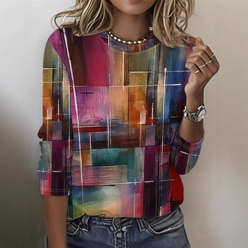 Szivárványszínű mintás 2025 tavaszi női középhosszú, háromnegyedes ujjú, retró virágmintás pulóver felső