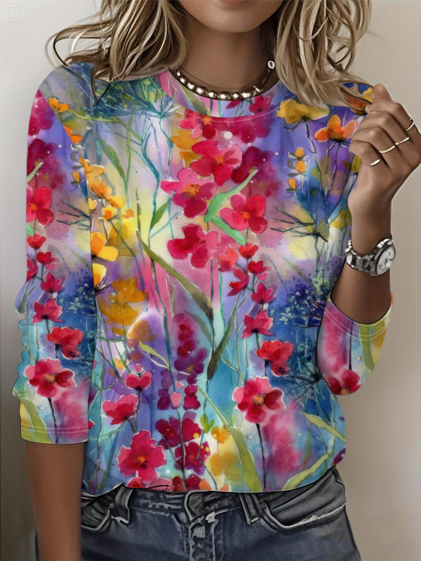 Szivárványszínű mintás 2025 tavaszi női középhosszú, háromnegyedes ujjú, retró virágmintás pulóver felső