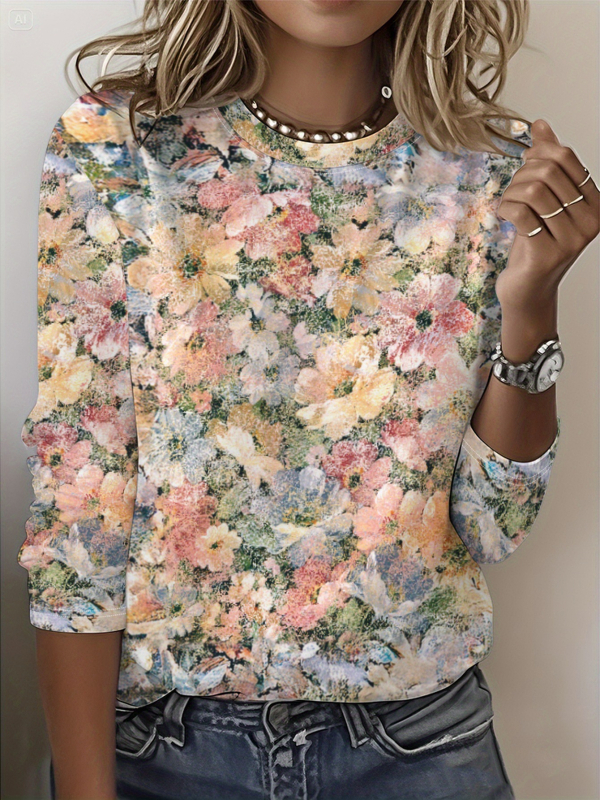 Szivárványszínű mintás 2025 tavaszi női középhosszú, háromnegyedes ujjú, retró virágmintás pulóver felső