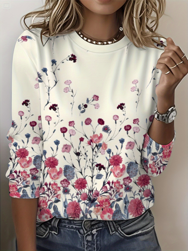 Szivárványszínű mintás 2025 tavaszi női középhosszú, háromnegyedes ujjú, retró virágmintás pulóver felső