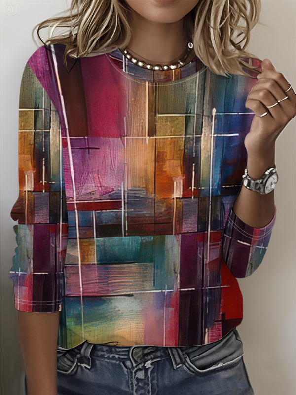 Szivárványszínű mintás 2025 tavaszi női középhosszú, háromnegyedes ujjú, retró virágmintás pulóver felső