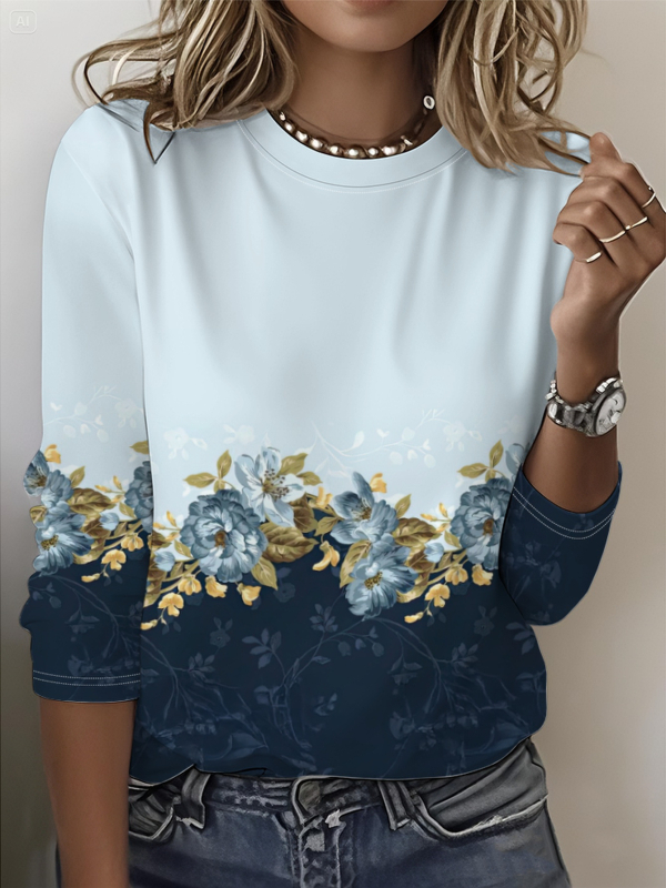 Szivárványszínű mintás 2025 tavaszi női középhosszú, háromnegyedes ujjú, retró virágmintás pulóver felső