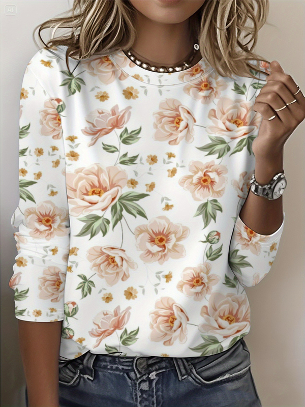 Szivárványszínű mintás 2025 tavaszi női középhosszú, háromnegyedes ujjú, retró virágmintás pulóver felső