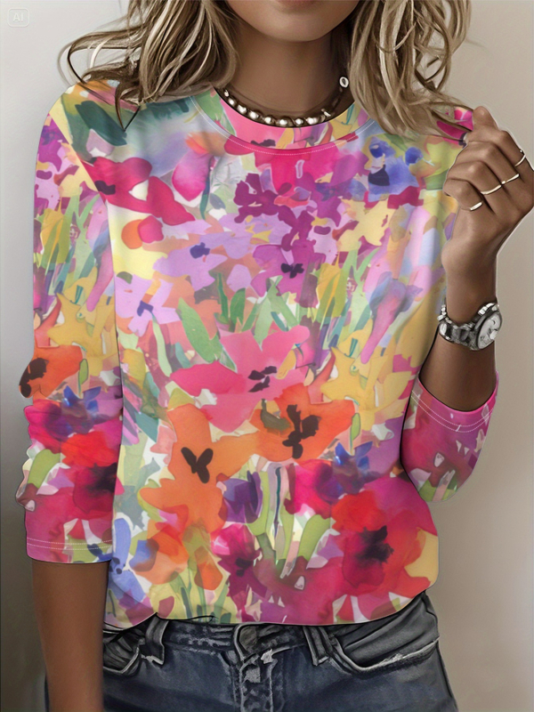 Szivárványszínű mintás 2025 tavaszi női középhosszú, háromnegyedes ujjú, retró virágmintás pulóver felső
