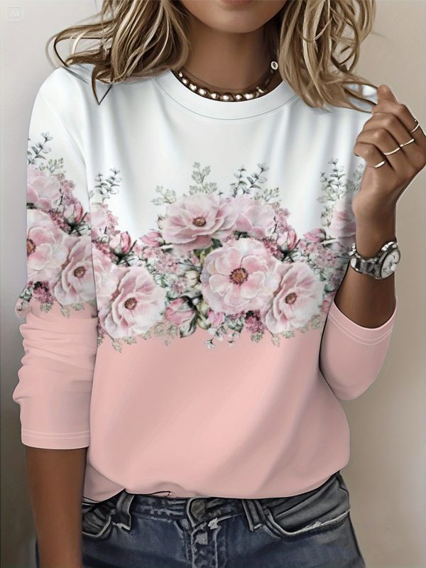 Szivárványszínű mintás 2025 tavaszi női középhosszú, háromnegyedes ujjú, retró virágmintás pulóver felső