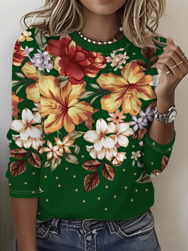 Szivárványszínű mintás 2025 tavaszi női középhosszú, háromnegyedes ujjú, retró virágmintás pulóver felső