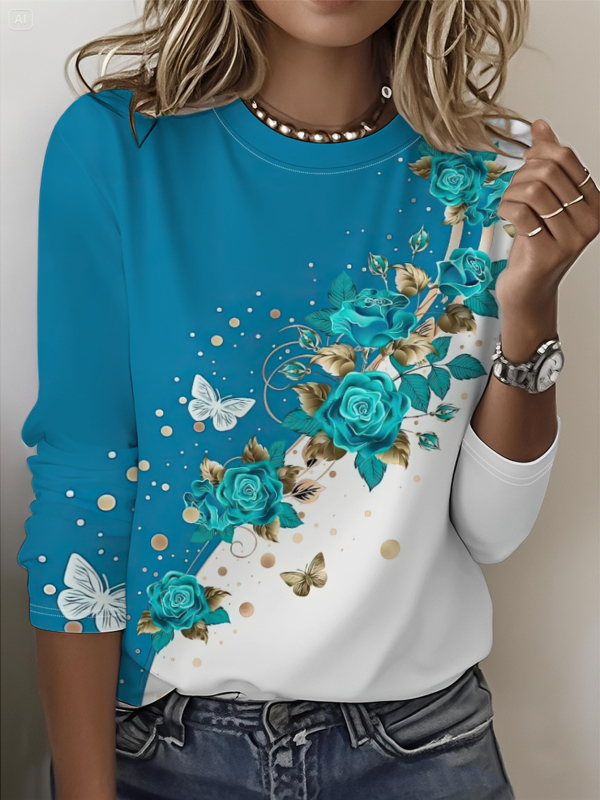 Szivárványszínű mintás 2025 tavaszi női középhosszú, háromnegyedes ujjú, retró virágmintás pulóver felső