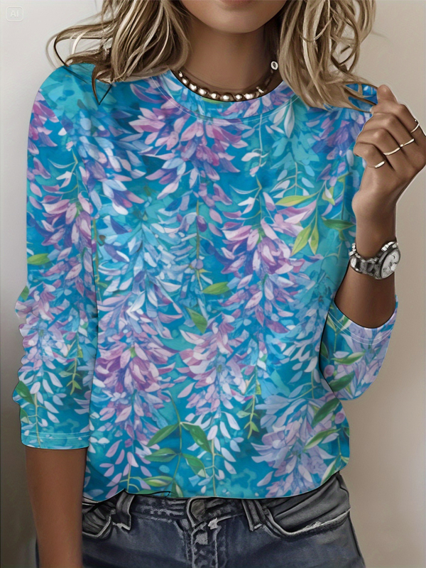 Szivárványszínű mintás 2025 tavaszi női középhosszú, háromnegyedes ujjú, retró virágmintás pulóver felső