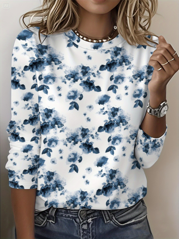 Szivárványszínű mintás 2025 tavaszi női középhosszú, háromnegyedes ujjú, retró virágmintás pulóver felső