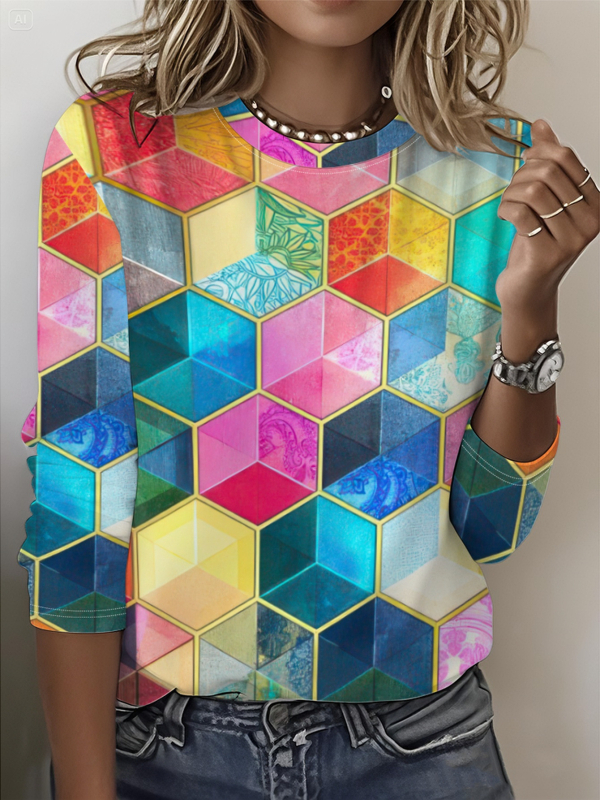 Szivárványszínű mintás 2025 tavaszi női középhosszú, háromnegyedes ujjú, retró virágmintás pulóver felső
