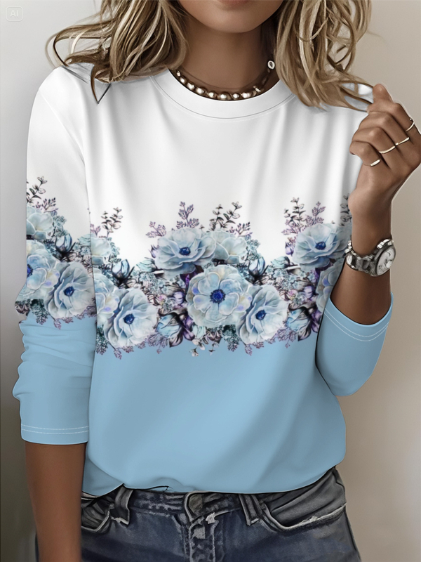 Szivárványszínű mintás 2025 tavaszi női középhosszú, háromnegyedes ujjú, retró virágmintás pulóver felső