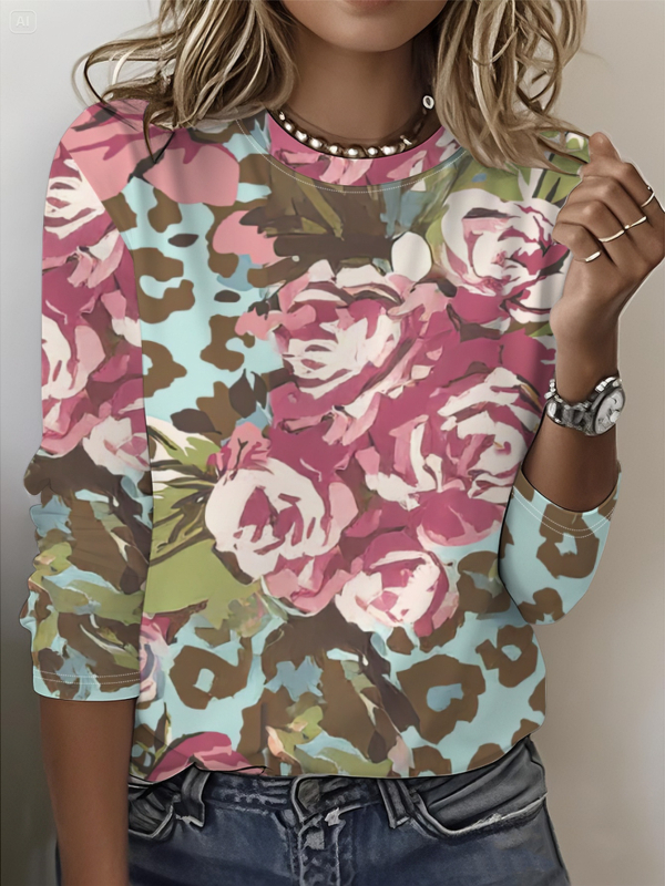 Szivárványszínű mintás 2025 tavaszi női középhosszú, háromnegyedes ujjú, retró virágmintás pulóver felső