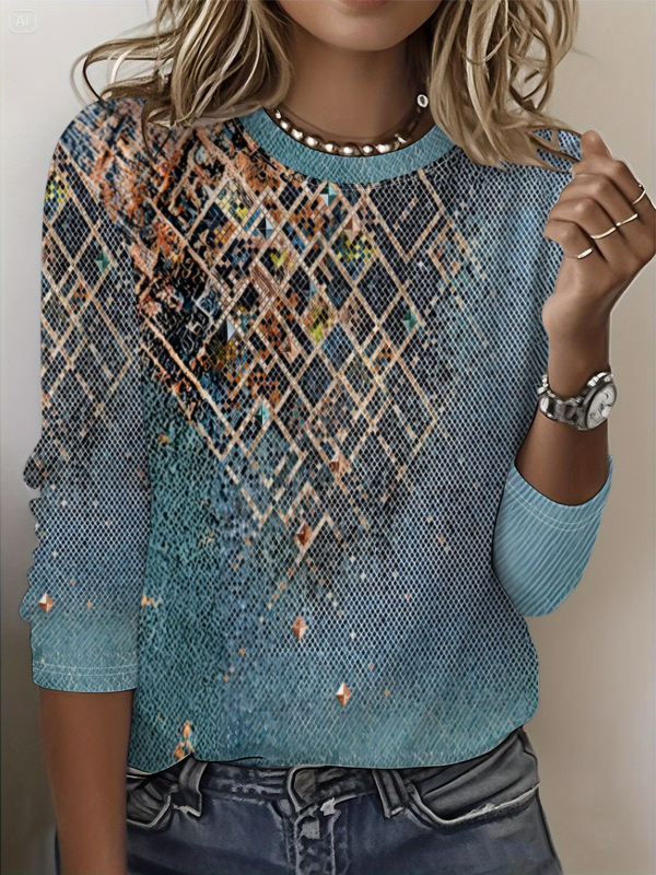 Szivárványszínű mintás 2025 tavaszi női középhosszú, háromnegyedes ujjú, retró virágmintás pulóver felső