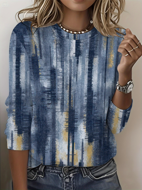 Szivárványszínű mintás 2025 tavaszi női középhosszú, háromnegyedes ujjú, retró virágmintás pulóver felső