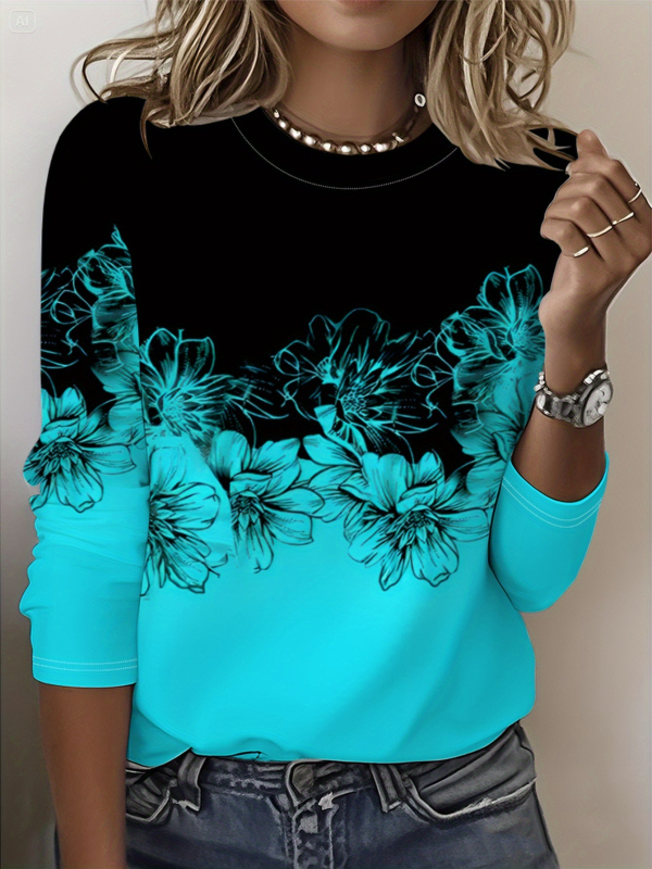 Szivárványszínű mintás 2025 tavaszi női középhosszú, háromnegyedes ujjú, retró virágmintás pulóver felső