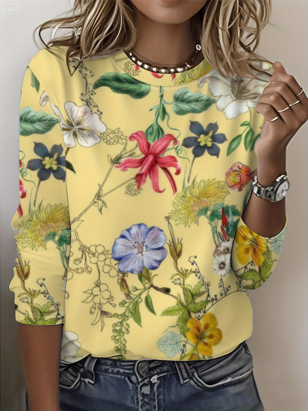 Szivárványszínű mintás 2025 tavaszi női középhosszú, háromnegyedes ujjú, retró virágmintás pulóver felső