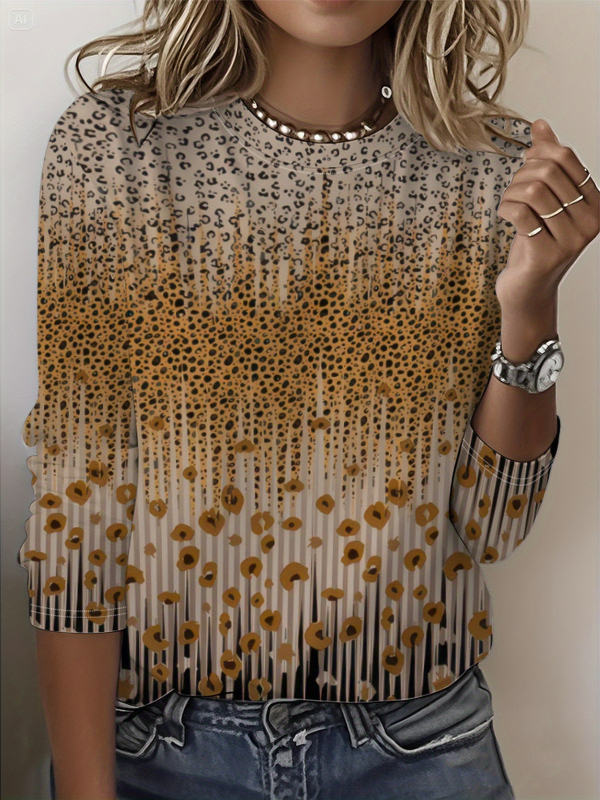 Szivárványszínű mintás 2025 tavaszi női középhosszú, háromnegyedes ujjú, retró virágmintás pulóver felső