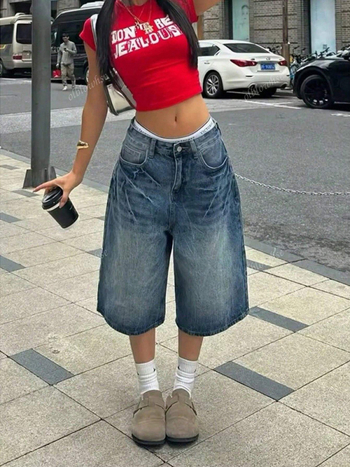 2025-ös nyári új, határon átnyúló, egyenes szárú női farmer, American High Street Retro, laza drapé, széles szárú, rövidített nadrág