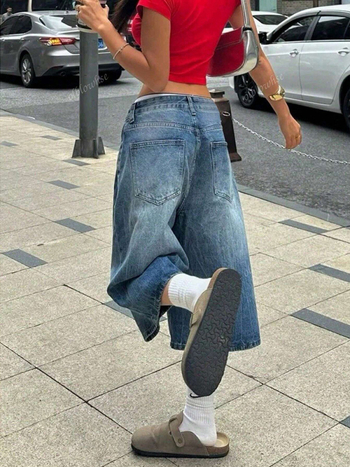 2025-ös nyári új, határon átnyúló, egyenes szárú női farmer, American High Street Retro, laza drapé, széles szárú, rövidített nadrág