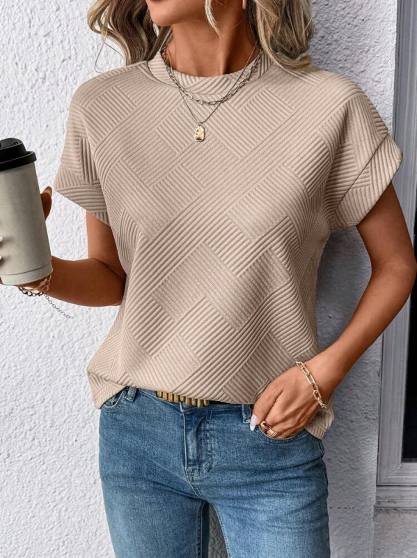 2025-ös európai és amerikai export határokon átnyúló női népszerű kerek nyakú női póló, nyári rövid ujjú, kerek nyakú, texturált ing