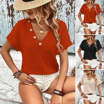 2025 tavaszi és nyári, határokon átnyúló, Amazon Temu európai és amerikai új kötött póló, divatos, V-nyakú, denevérujjas női póló