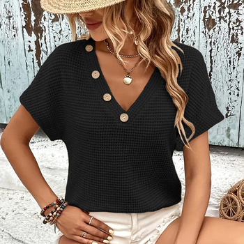 2025 tavaszi és nyári, határokon átnyúló, Amazon Temu európai és amerikai új kötött póló, divatos, V-nyakú, denevérujjas női póló