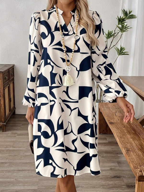 Minőségi, határokon átnyúló, Amazon Európa és az Egyesült Államok robbanásszerű női 2025 tavaszi és nyári új, nyomtatott, V-nyakú, hosszú ujjú ruha.