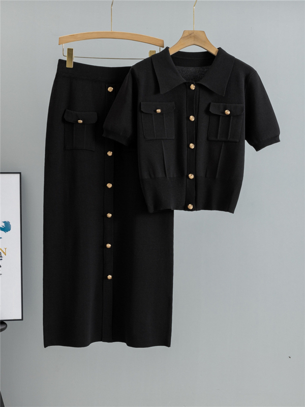 Határokon átnyúló divatos hétköznapi stílusú öltöny Női nyári egyszerű rövid ujjú kötött kardigán szoknya kétrészes szett 2025 nyárra