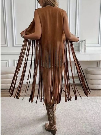 2025 Amazon Aliexpress európai és amerikai népszerű bojtos dzseki, szarvasbőr bársony, gomb nélküli, középhosszú mellény