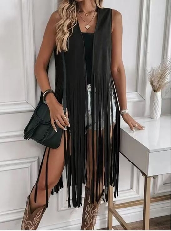 2025 Amazon Aliexpress európai és amerikai népszerű bojtos dzseki, szarvasbőr bársony, gomb nélküli, középhosszú mellény