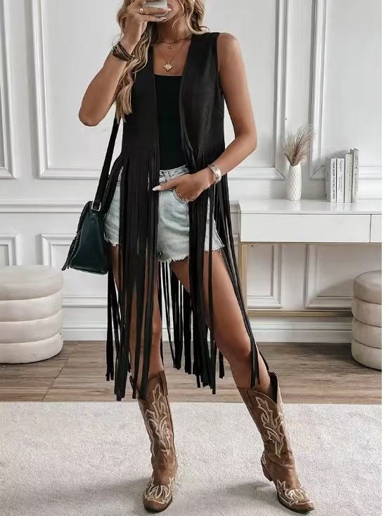 2025 Amazon Aliexpress európai és amerikai népszerű bojtos dzseki, szarvasbőr bársony, gomb nélküli, középhosszú mellény