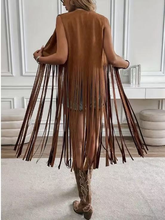 2025 Amazon Aliexpress európai és amerikai népszerű bojtos dzseki, szarvasbőr bársony, gomb nélküli, középhosszú mellény