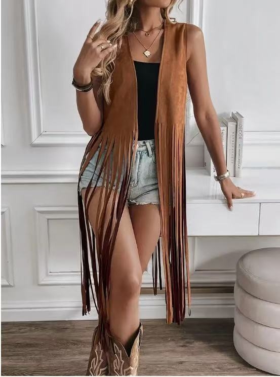 2025 Amazon Aliexpress európai és amerikai népszerű bojtos dzseki, szarvasbőr bársony, gomb nélküli, középhosszú mellény