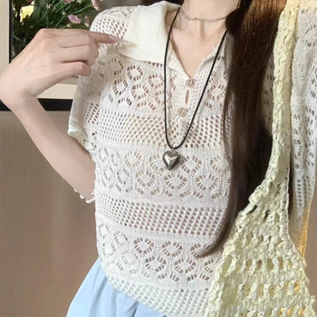 Francia Édes Nyári Új Rövid Ujjú Felső Dizájn Sense Horgolt Üreges Hajtású, Minden Méretre Egyező Laza Karcsú Pulóver