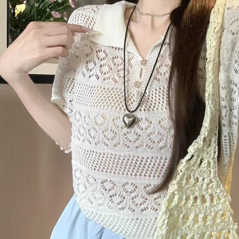 Francia Édes Nyári Új Rövid Ujjú Felső Dizájn Sense Horgolt Üreges Hajtású, Minden Méretre Egyező Laza Karcsú Pulóver